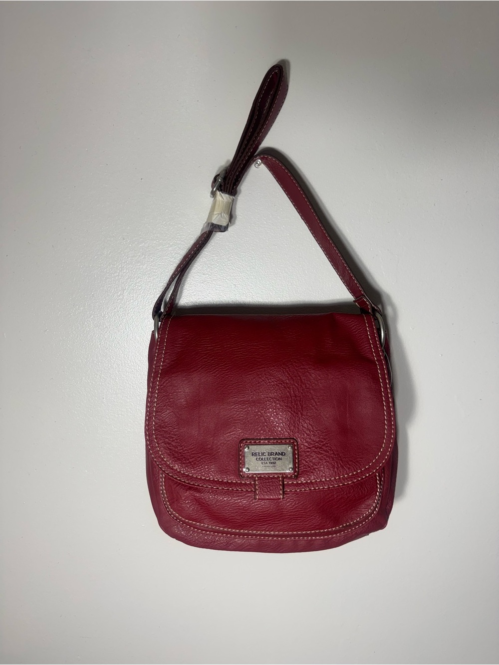 Relic Burgundy Leather Crossbody Bag with Contrast Stitching